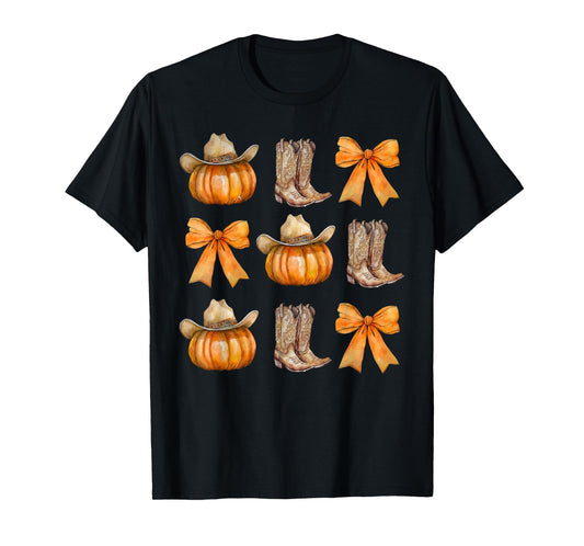 Coquette Bow Cowboy Western Pumpkin Autumn Fall Y'all Leaves T-Shirt