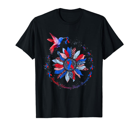 Sunflower Hummingbird Red Blue Ribbon Idiopathic Pulmonary T-Shirt