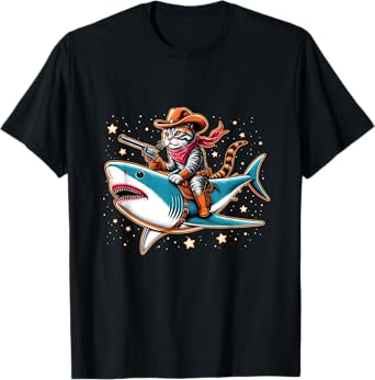 Cat Cowboy Riding A Shark In Space T-Shirt