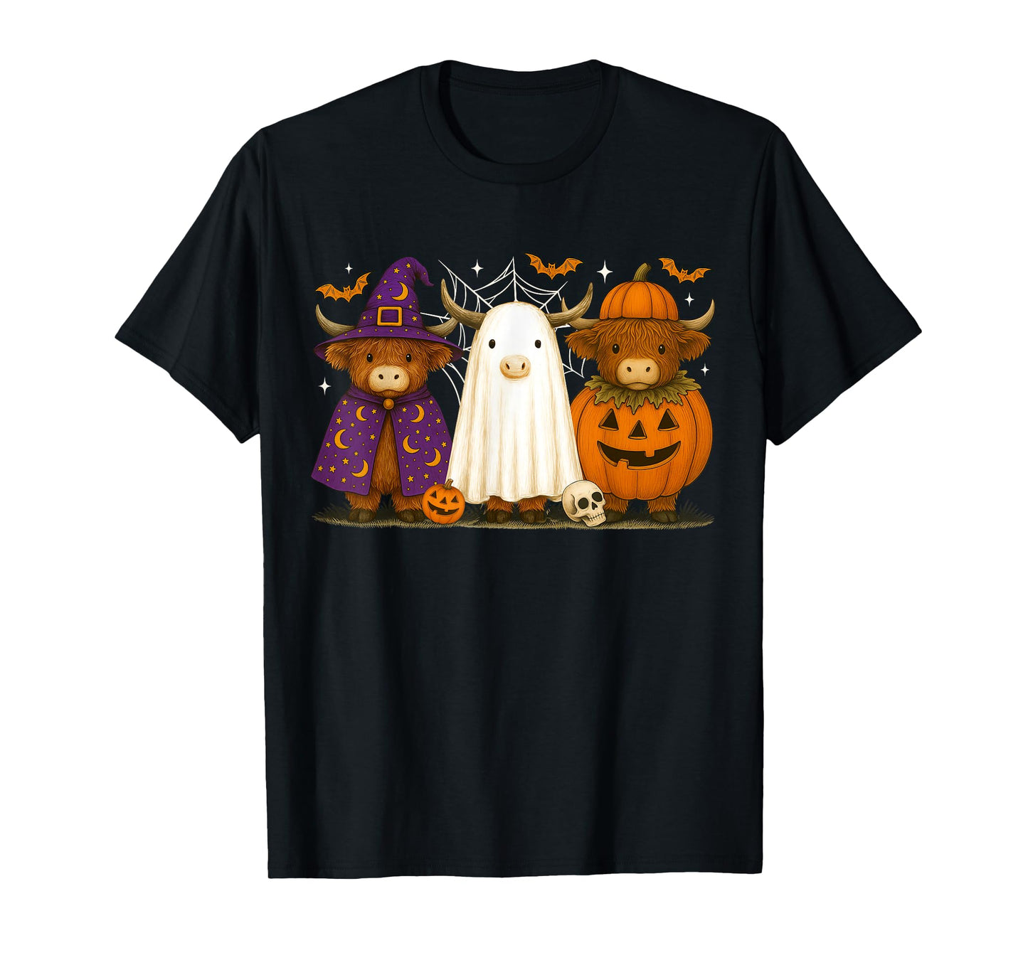 Retro Halloween Highland Cow Ghost Trick Or Treat Pumpkin T-Shirt