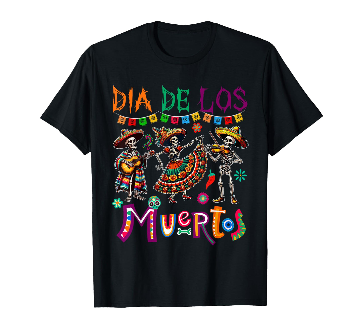 Dia De Los Muertos Three Floral Skeletons Mexican Dancing T-Shirt