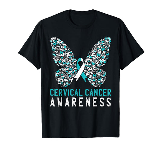 Butterfly Cervical Cancer Awareness Month White Teal Ribbon T-Shirt