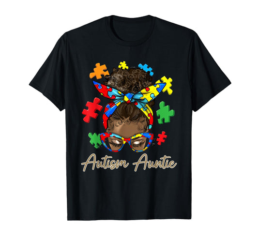 Autism Auntie Afro Black Women Messy Bun Autism Awareness T-Shirt