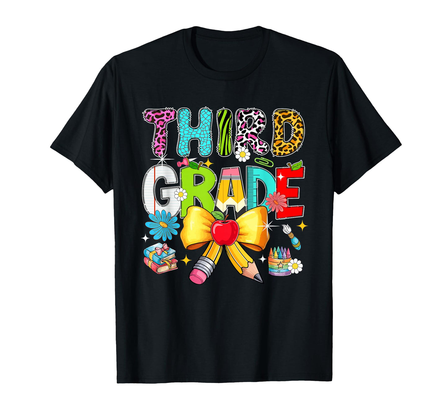 Third Grade Colorful Leopard Pencil Bow Tie Students Teacher T-Shirt
