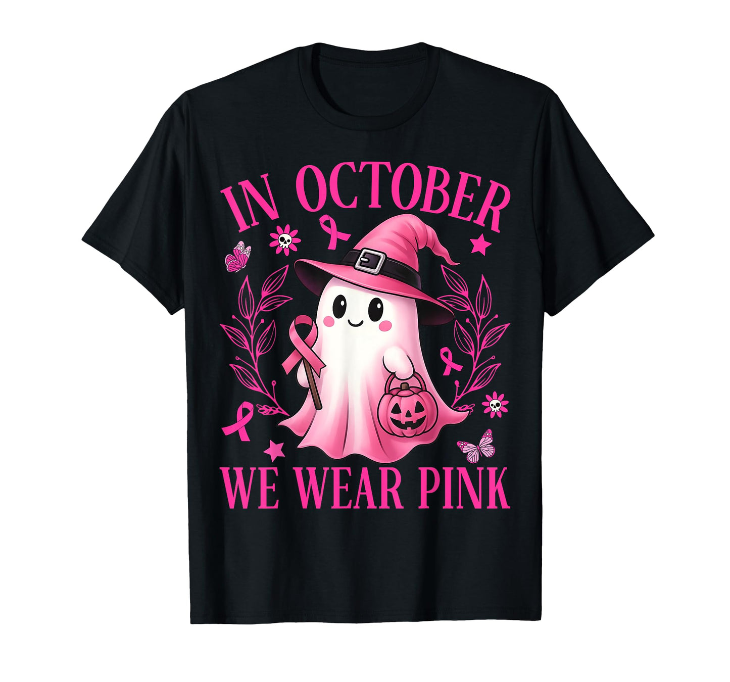 In October We Wear Pink Ghost Witch Breast Cancer Awareness T-Shirt