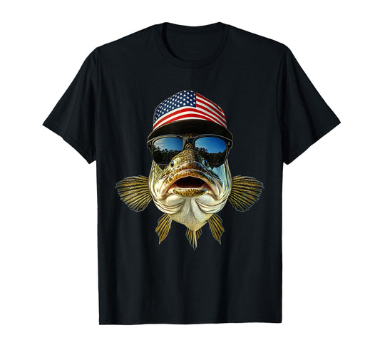 Bass Fishing Tee USA Flag American Hat Sunglasses Fisherman T-Shirt