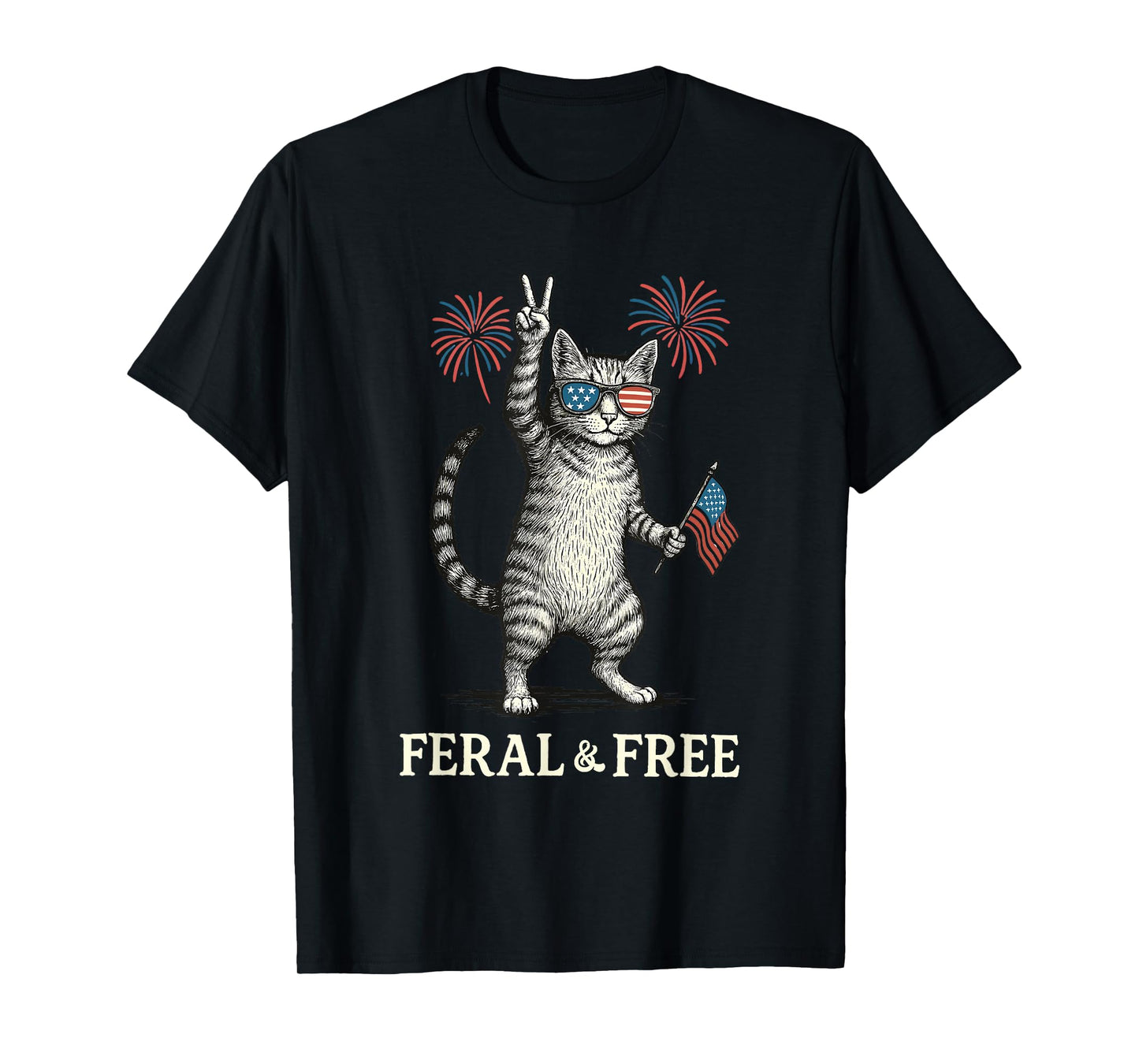 Feral & Free Funny Patriotic Cat Feral And Free 4th July Men Women Kids T-Shirt