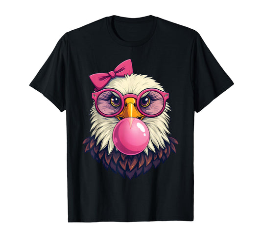 Cute Girl Bald Eagle Glasses Pink Bow Bubble Gum Eagle Lover T-Shirt