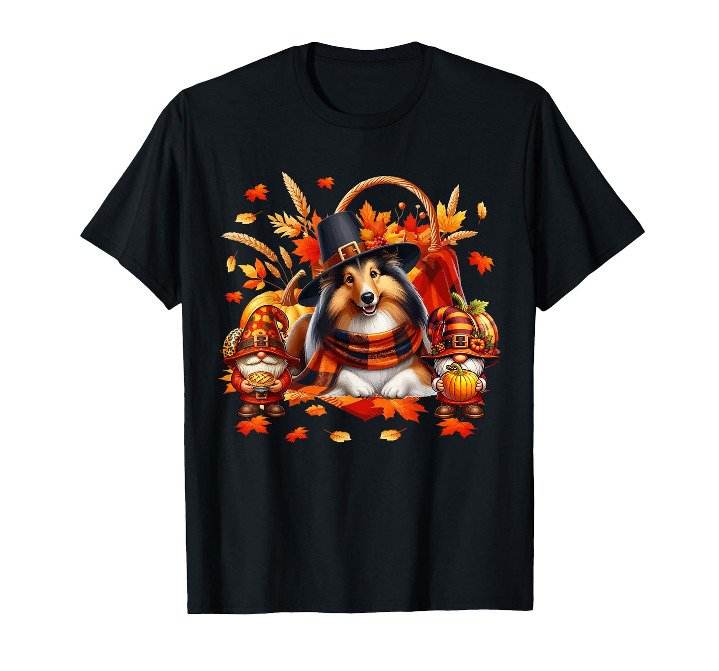 Thanksgiving Sheltie With Gnomes Fall Leaves Pumpkins T-Shirt