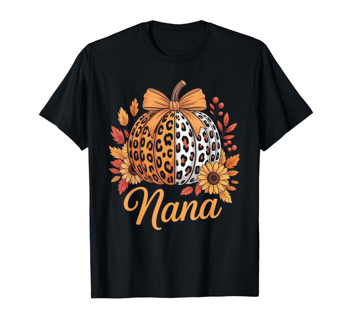 Nana Thanksgiving Leopard Pumpkin Sunflower Coquette Bow Tee T-Shirt
