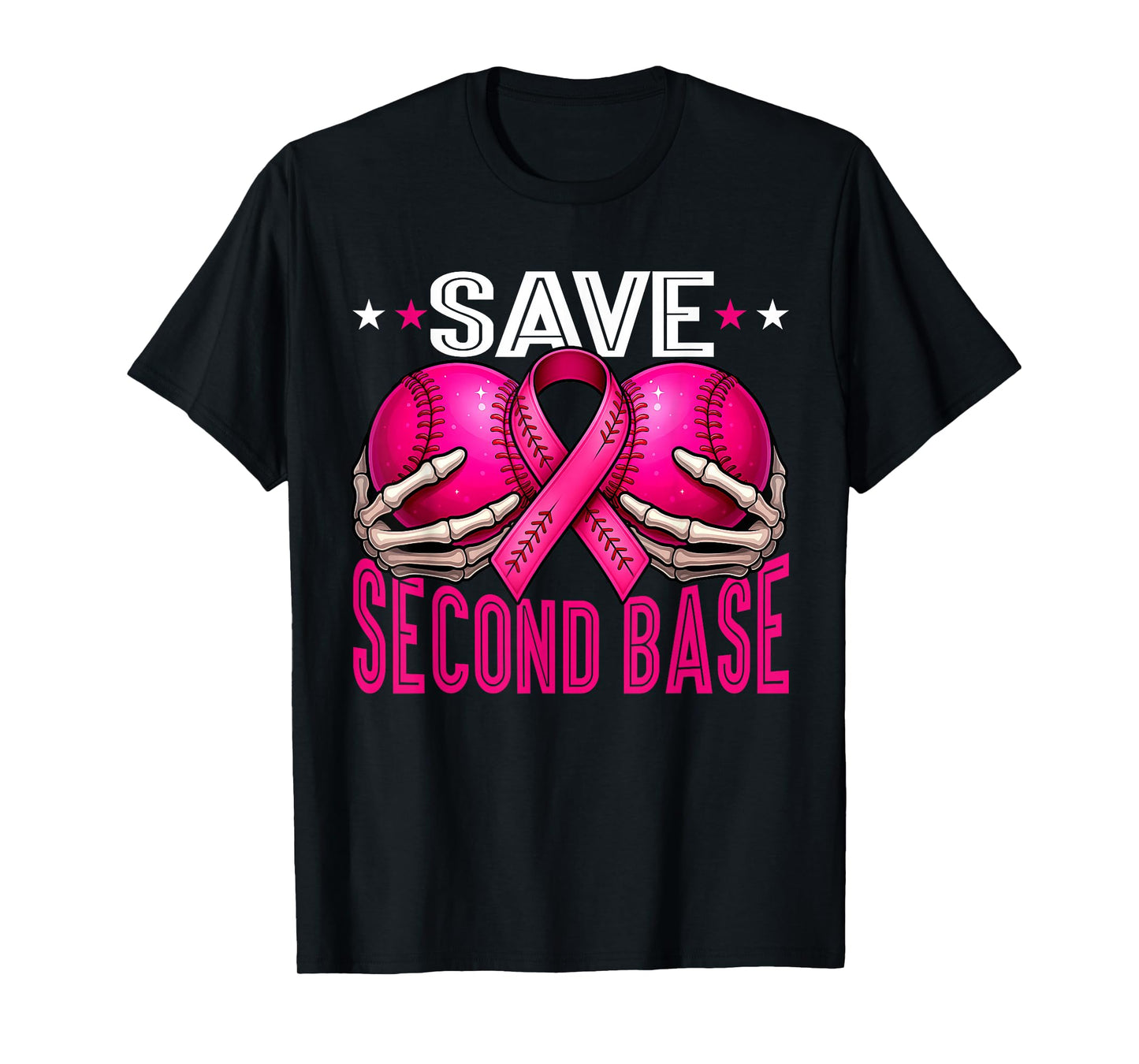 Save 2nd Base Breast Cancer Awareness Pink Ribbon Baseball T-Shirt