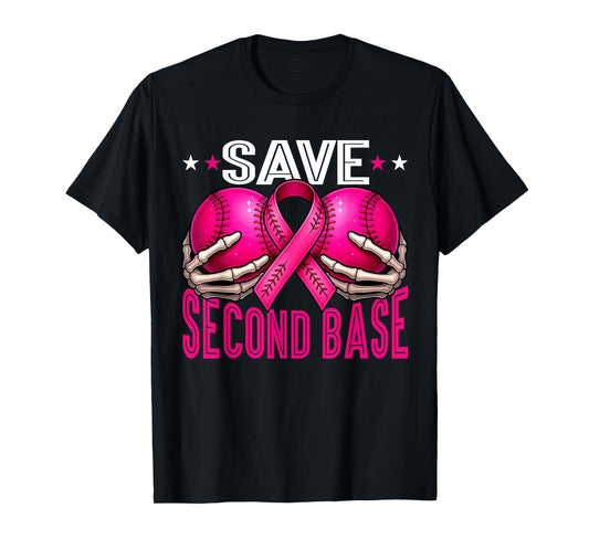 Save 2nd Base Breast Cancer Awareness Pink Ribbon Baseball T-Shirt