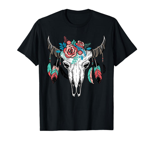 Vintage Cow Skull With Flowers | Men Women Gift Tee T-Shirt