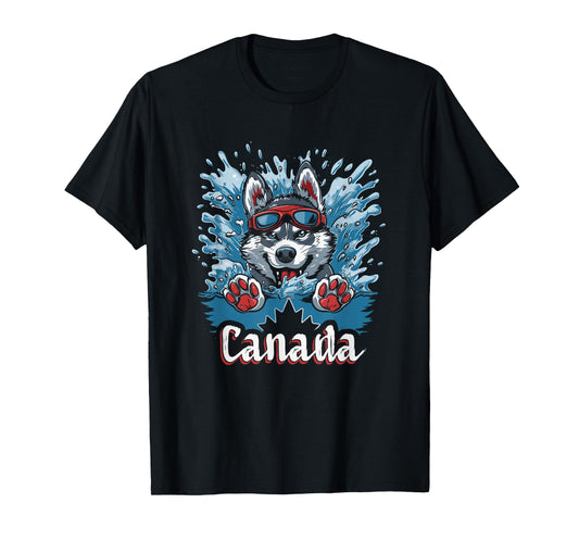 Canada Husky Dog Swimming Art - Canadian Souvenir T-Shirt