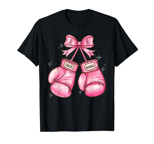 Pink Ribbon Coquette Bow Boxing Gloves Breast Cancer Warrior T-Shirt