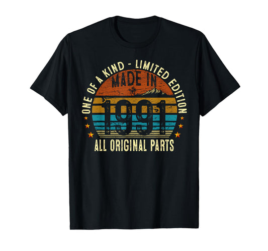 34th Birthday Gifts Men Women Vintage 1991 Original Parts T-Shirt