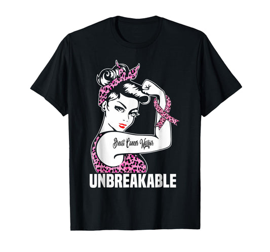 Pink Ribbon Breast Cancer Warrior Unbreakable Leopard T-Shirt
