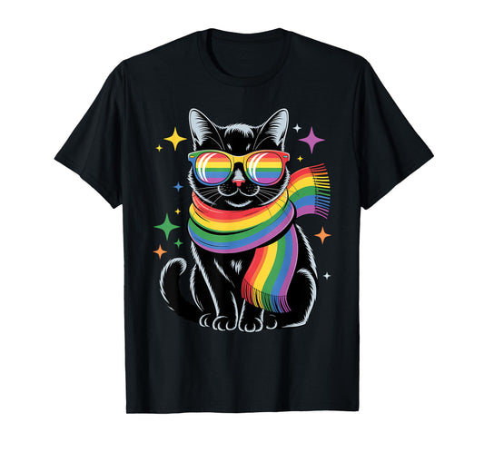 Cute Cat LGBTQ Rainbow Scarf and Glasses Gay Lesbian Pride T-Shirt
