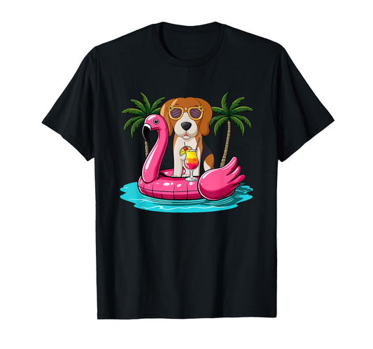 Beagle Sunglasses On Flamingo Cute Float Costume Summer T-Shirt