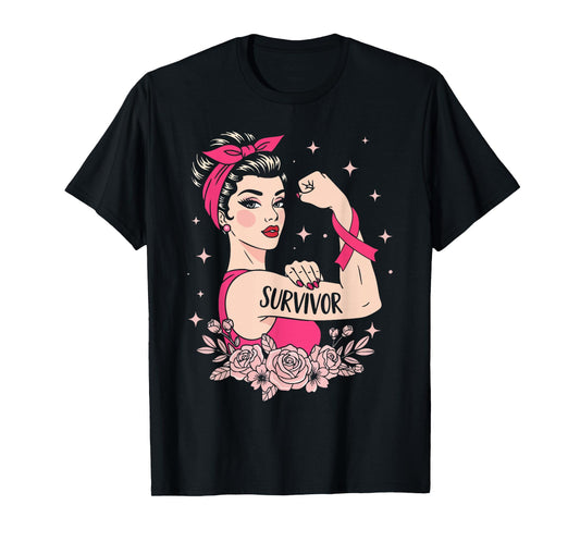 Breast Cancer Survivor Rosie Riveter Pink Awareness Women T-Shirt