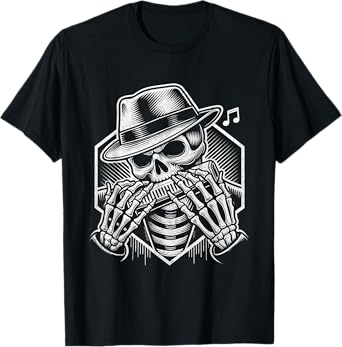 Skeleton Playing Harmonica Shirt Player Skull Blues Musician T-Shirt