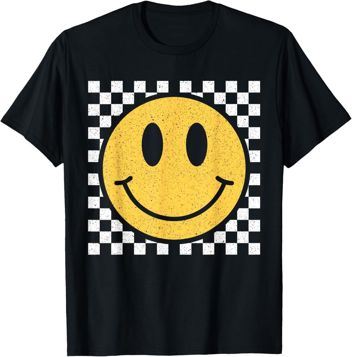 Retro Yellow Happy Face Checkered Pattern Smile Face Trendy T-Shirt