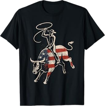 American Rodeo Bull Rider USA Flag Patriotic Western Cowboy T-Shirt