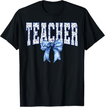 Cute Teacher Blue Coquette Bow Teacher Appreciation Womens T-Shirt