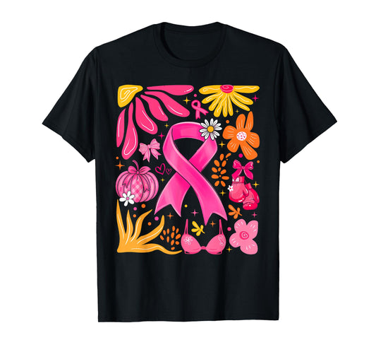 Pink Ribbon Boho Floral Breast Cancer Awareness Coquette Bow T-Shirt