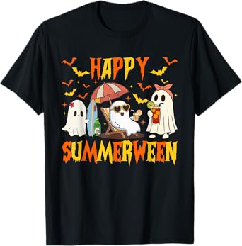 Happy Summerween Skeleton Ghost Beach Party Halloween Vibes T-Shirt