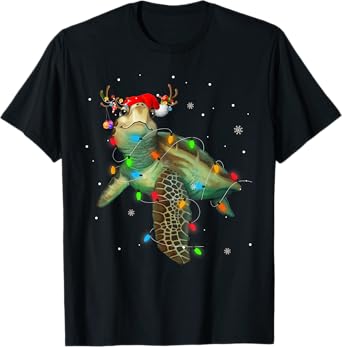 Sea Turtle Christmas Lights Funny Santa Hat Merry Christmas T-Shirt
