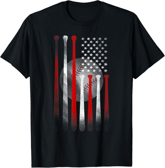 Vintage Baseball American Flag T-Shirt, Classic Fit Black Tee for Dad and Mom