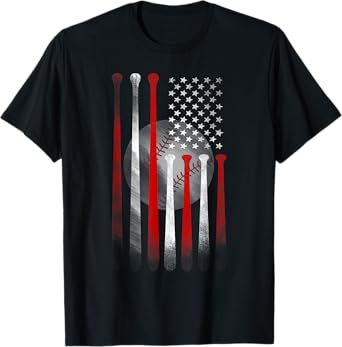 Vintage Baseball American Flag T-Shirt, Classic Fit Black Tee for Dad and Mom