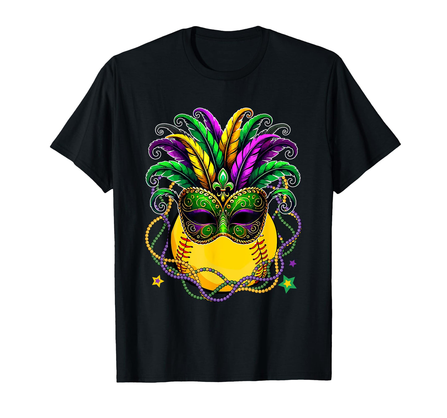 Softball Ball Wearing Mardi Gras Masked Beads Funny Player T-Shirt