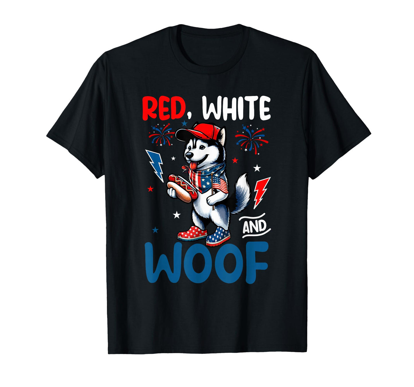 Red White And Woof 4th July US Flag Husky Eating Hotdog T-Shirt