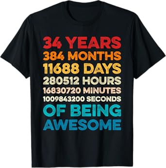 34th Birthday 34 Years of Being Awesome Vintage 34 Years Old T-Shirt