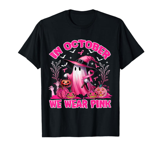 In October We Wear Pink Ghost Witch Breast Cancer Awareness T-Shirt