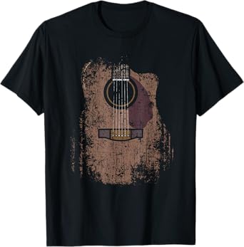 Musician Guitarist Instrument & Strings Designs Distressed Acoustic Guitar Vintage Player Rock & Roll Music T-Shirt - Unisex Adults/Kids - Black - Short Sleeve - Classic Fit - Small