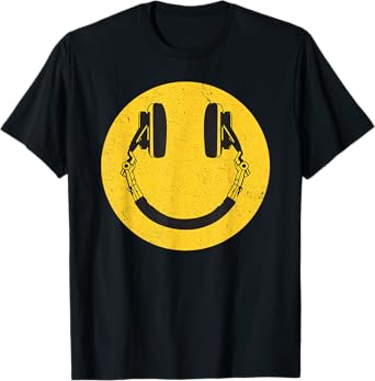 Retro Smile Music Face Headphones 90s Men Women Kids Vintage T-Shirt