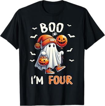 Boo I'm Four Ghost 4th Birthday Halloween Boy Kids Groovy T-Shirt