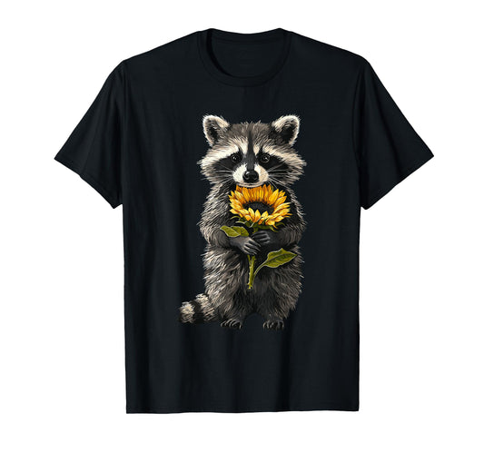 Raccoon Holding Sunflower Cute Flower Mothers Day T-Shirt