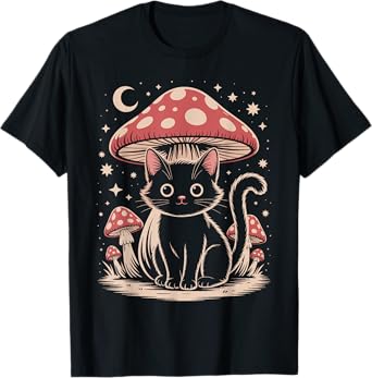 Cute Cottagecore Aesthetic Cat Mushroom Wowen Men Kids T-Shirt
