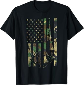 Camo American Flag Rifle Antler Deer Hunting Gun Hunter Gift Women Men T-Shirt