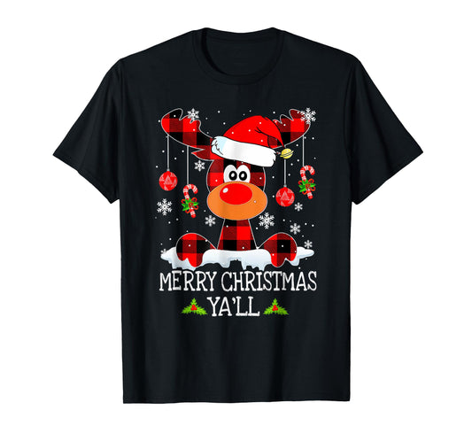 Merry Christmas Ya'll Reindeer Santa Hat Buffalo Red Plaid T-Shirt