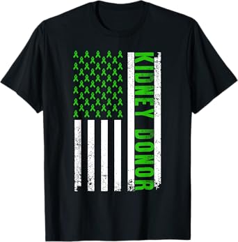 Cute Kidney Donor US Flag Art Kidney Transplant Green Ribbon T-Shirt