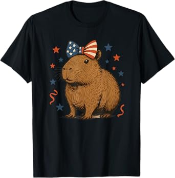 Coquette Bow Funny Capybara 4th Of July Patriotic USA Flag T-Shirt