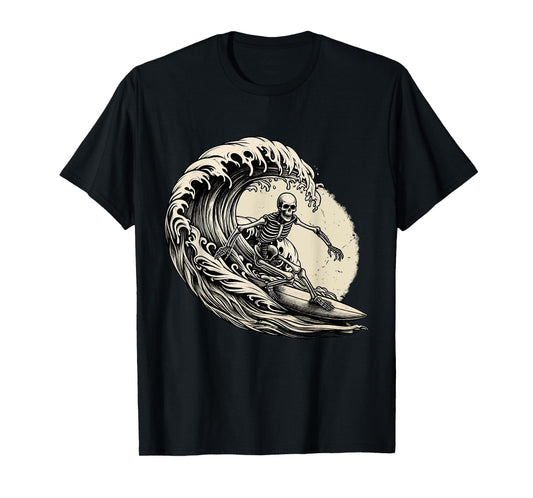Skeleton Surfer Vintage Big Wave Surfing Funny Halloween T-Shirt