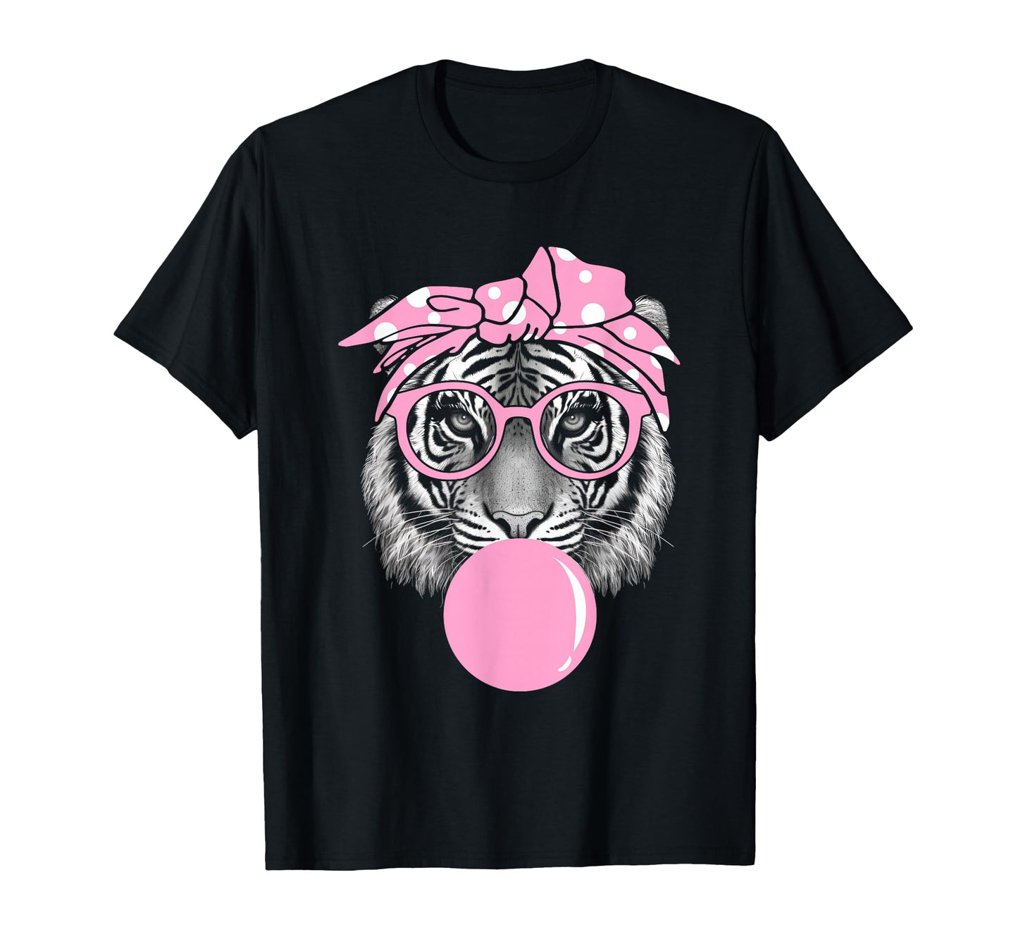 Funny Pink Tiger For Girl Glasses & Pink Bubble Gum T-Shirt
