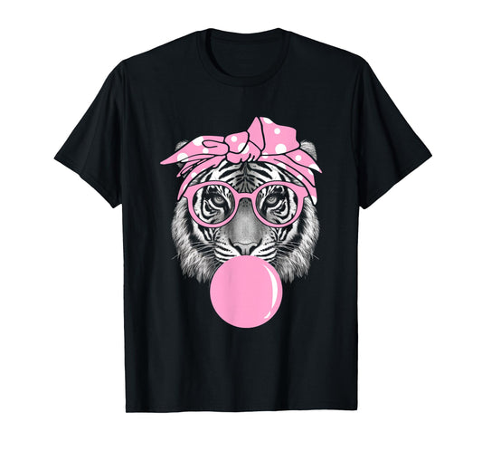 Funny Pink Tiger For Girl Glasses & Pink Bubble Gum T-Shirt