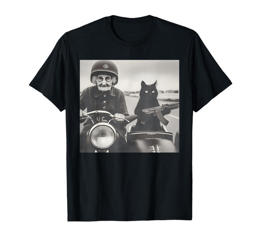 Granny And Her Armed Cat Riding Vintage Motorcycle T-Shirt
